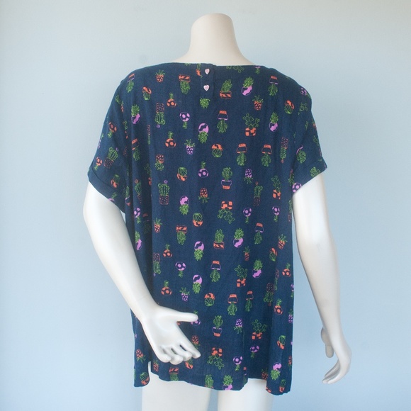 Modcloth 3X Navy Blue Cactus Plant Print Linen Blend Top - Picture 6 of 8